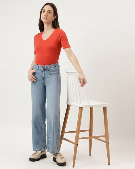 Light-Colored Straight-Leg Loose Wide-Leg Denim Trousers at Rs