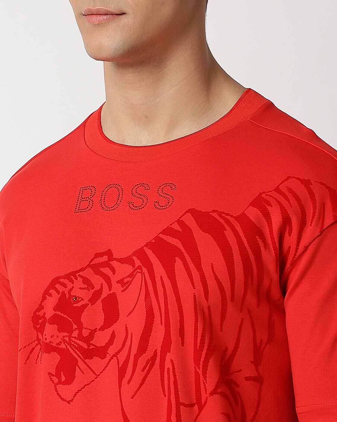 BOSS - Cotton T-shirt with tiger graphic and rhinestone logo