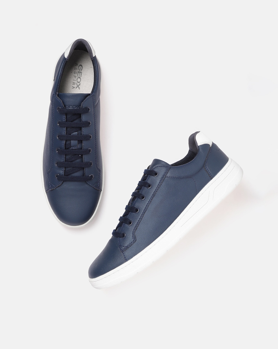 Navy Blue Lace Up Mid Top Sneakers for Men by GentWith.com