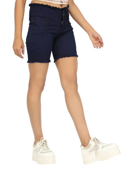 High-Rise Denim Shorts with frayed Detail