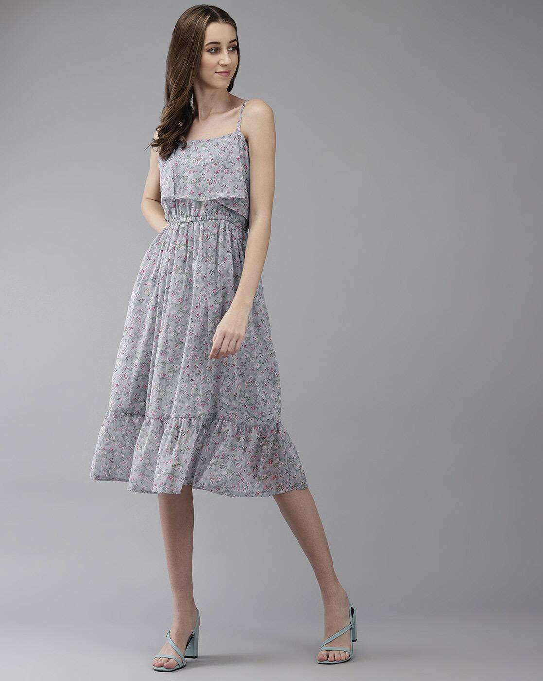 rosemuse Pleats floral print dress gray（rosemuse pleats