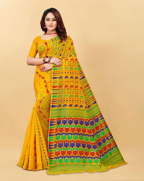 New Soft Jamdani Saree in Hena Green and Yellow by Bengal Looms