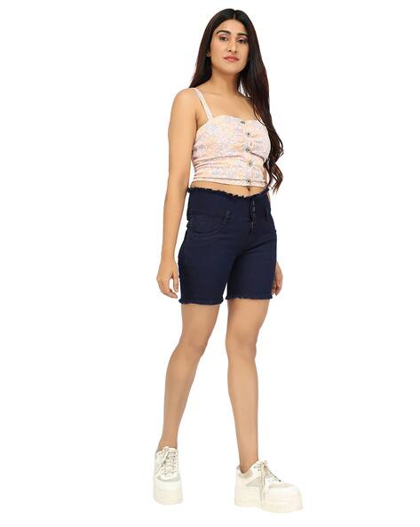 High-Rise Denim Shorts with frayed Detail