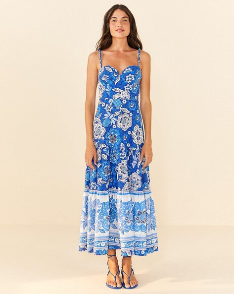 Blue Midi Dress - Tiered Floral Midi Dress - Bustier Midi Dress