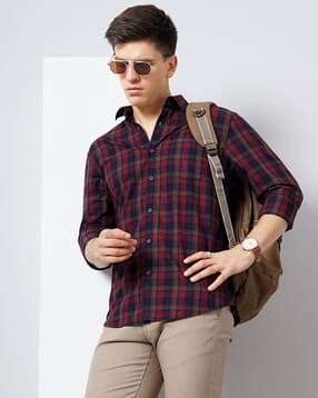 Windowpane Checks Slim Fit 60'S Giza Cotton Shirt