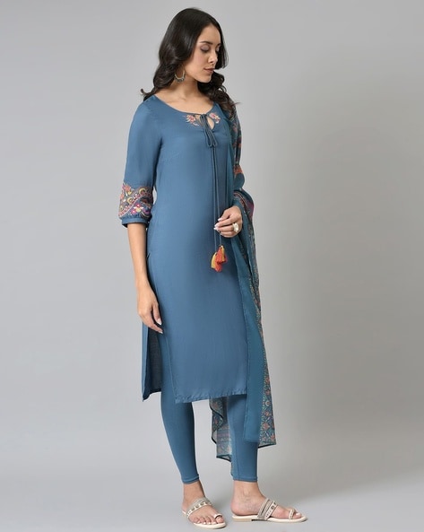 Buy Plain Fancy Fabric Party Wear Kurti in Blue Online