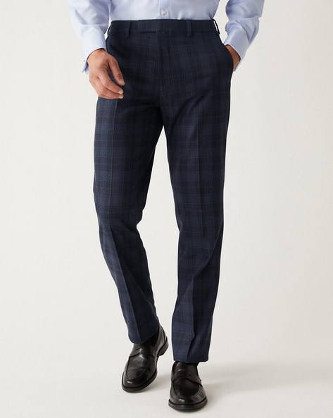 Buy Men Navy Super Slim Fit Check Flat Front Formal Trousers Online -  811088 | Louis Philippe