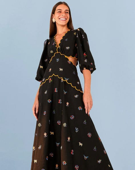 Buy FARM RIO Zodiac Cross Stitch A-Line Embroidered Cut Out Dress | Black  Color Women | AJIO LUXE