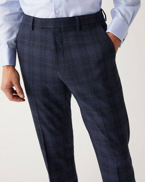 Francis Trouser | Navy Blue Check Cashmere Wool Cotton