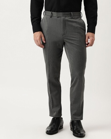 Charcoal Gray Textured Regular Fit Cotton Pant For Men