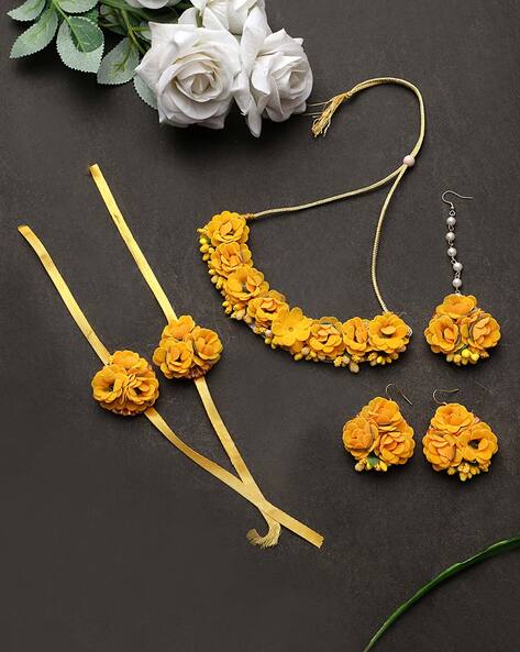 haldi mehendi Necklace earrings Set flower Indian traditional bridal women  | eBay