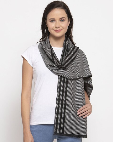 Women Striped Open Muffler with Frayed Hem Price in India