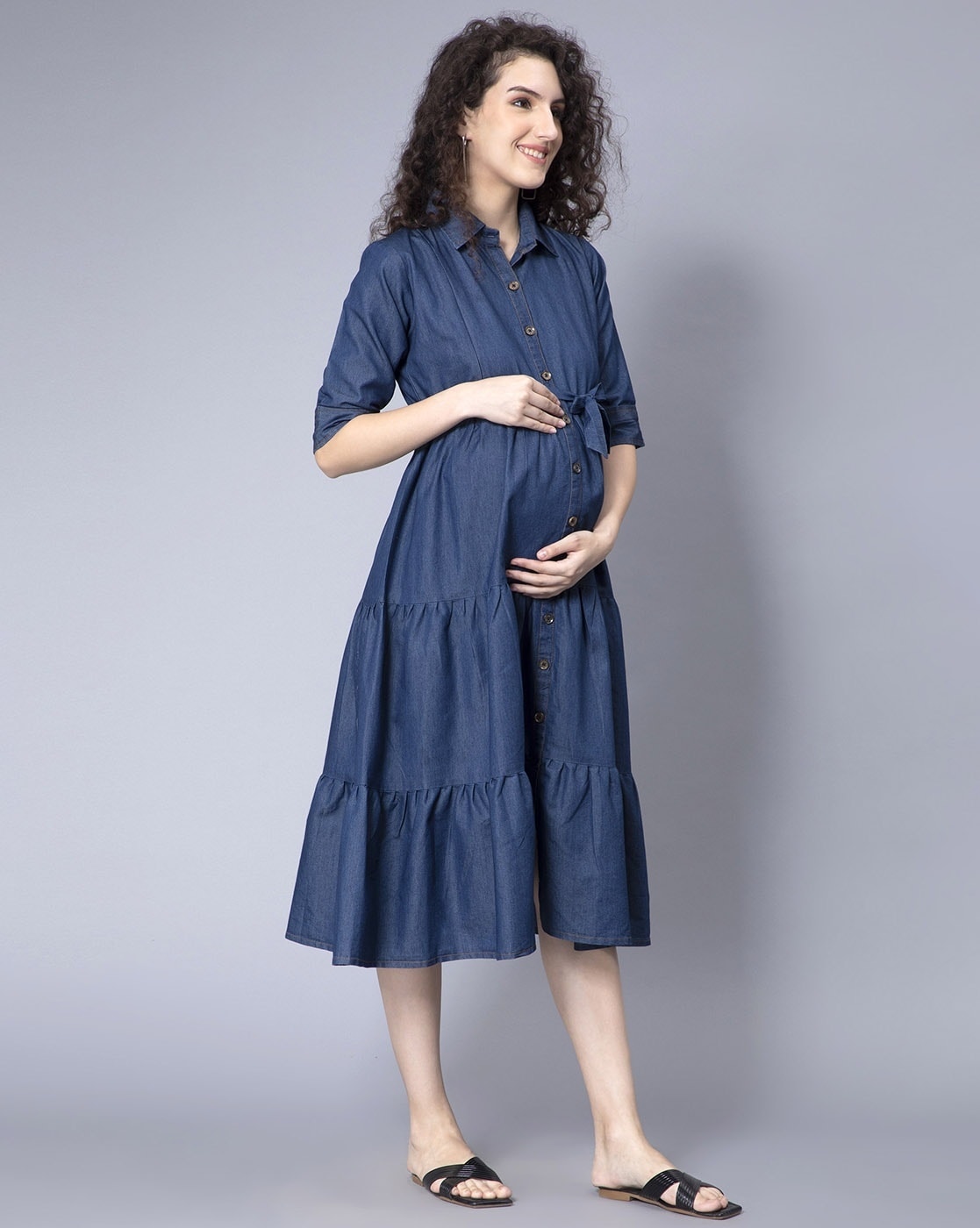Shop Denim Maternity Midi A-line Dress with Flared Sleeves and Tie Ups  Online | Max Kuwait