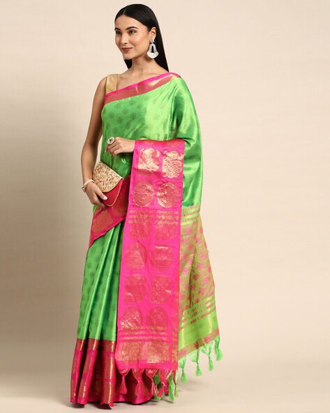 Beautiful Green Banarasi Saree with Pink Paithani Pallu work wrap in 1
