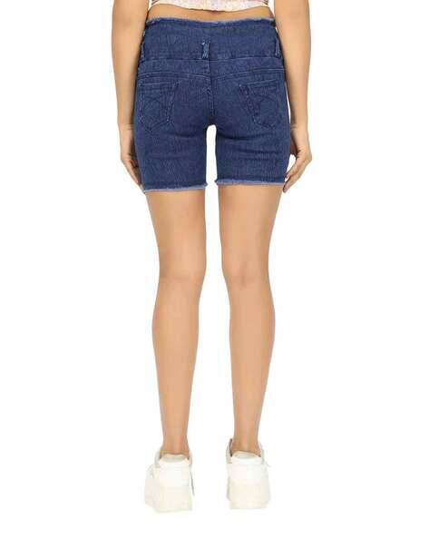 High-Rise Denim Shorts with Frayed Detail
