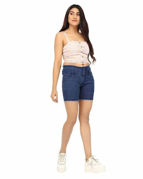 High-Rise Denim Shorts with Frayed Detail