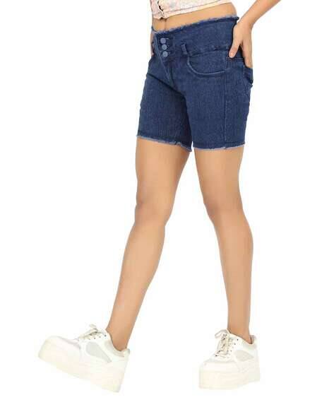 High-Rise Denim Shorts with Frayed Detail