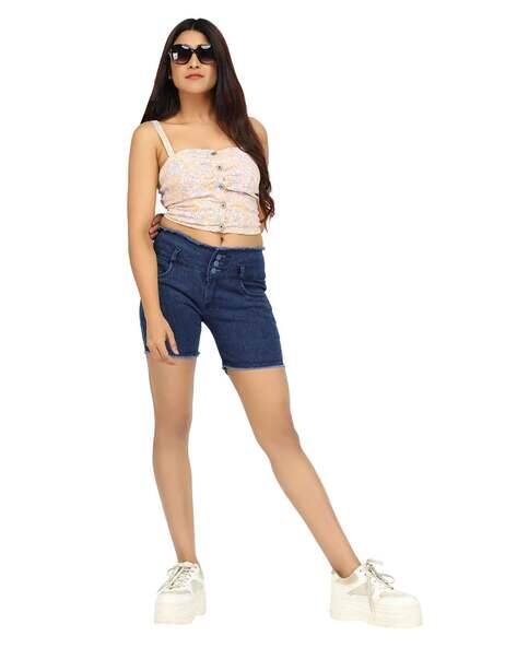 High-Rise Denim Shorts with Frayed Detail