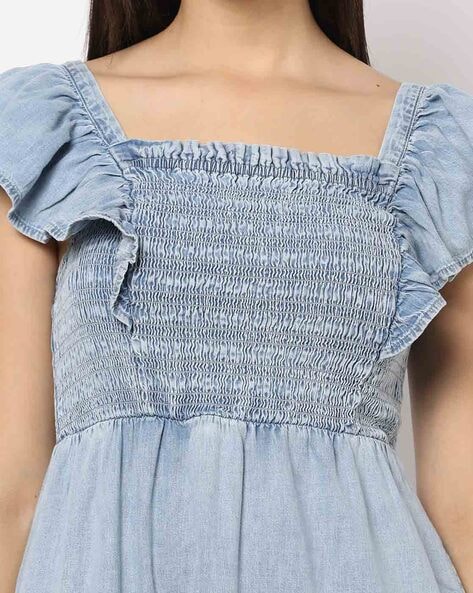 Buy Now Chemistry Light Weight Denim Tiered Dress With Embroidered Yoke