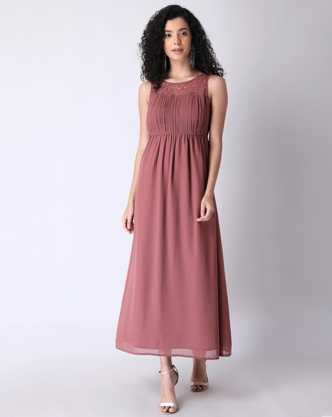 Buy FABALLEY Solid Round Neck Georgette Women's Maxi Dress | Shoppers Stop
