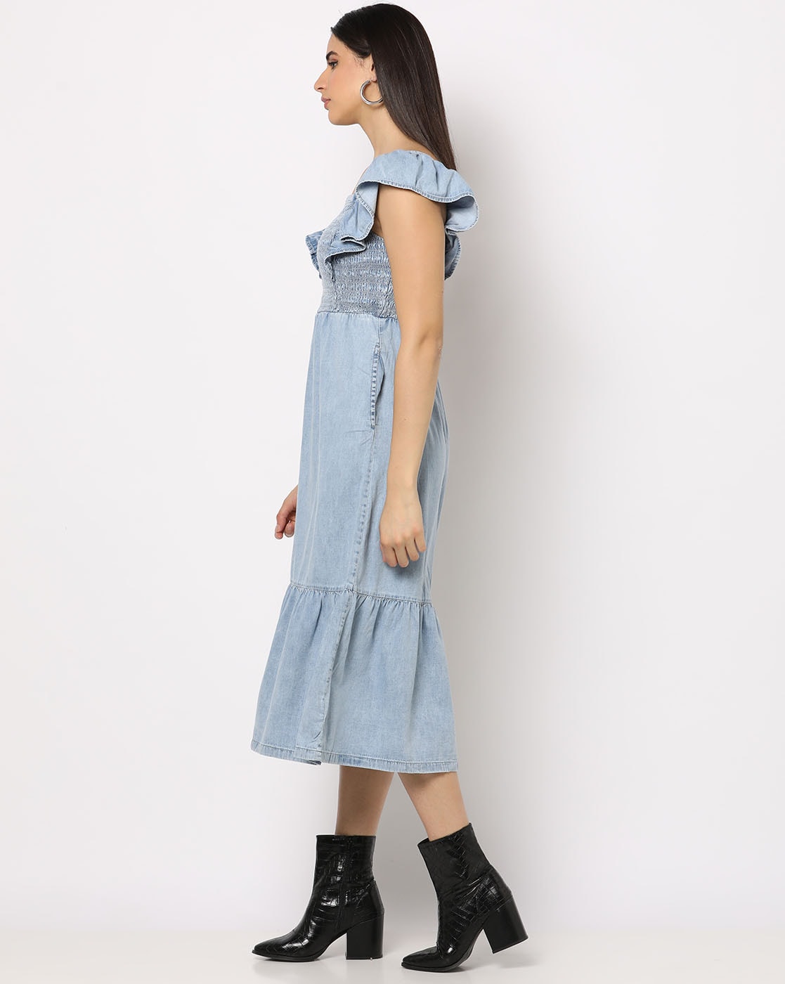 Ruffled Shoulder Denim Midi Dress - ロングワンピース