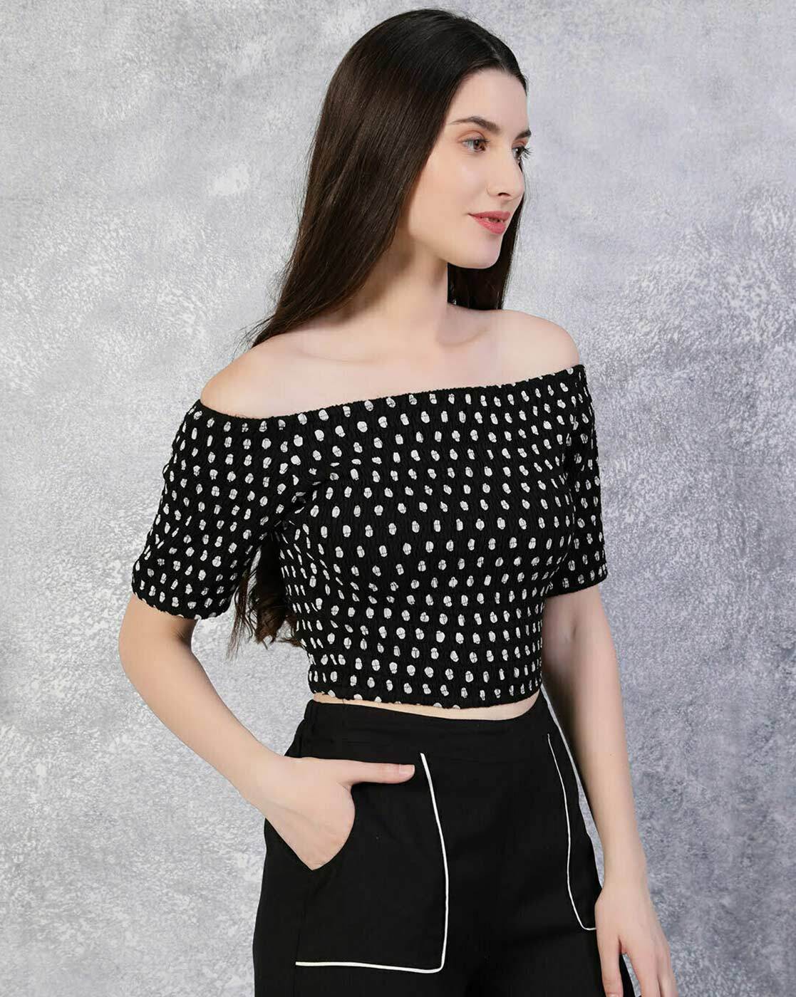 Black and white polka dot off the shoulder hot sale top