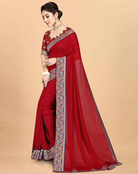 Buy Now Designer Partywear Red Color Plain Silk Sari With Embroidered –  Lady India