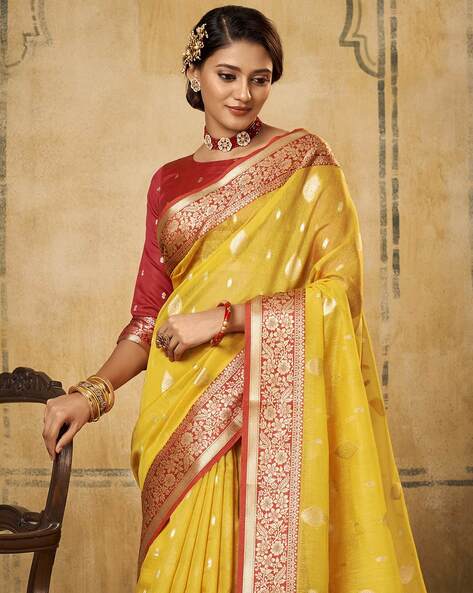 Designer Yellow Banarasi Saree With Ruby Red Blouse, Saree With Designer  Blouse, Indian Sari - Etsy