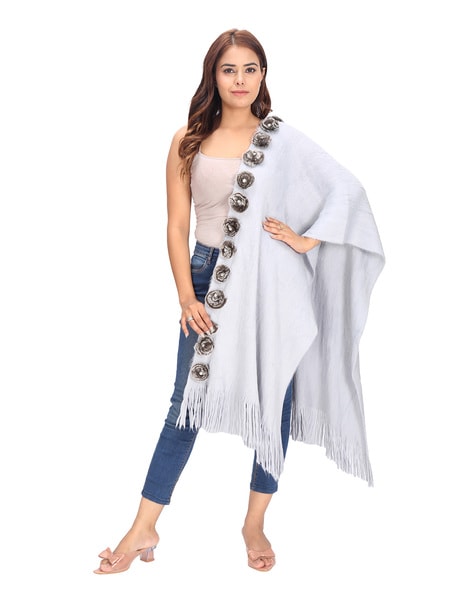 Floral Applique Women Stole with Fringed Hem Price in India