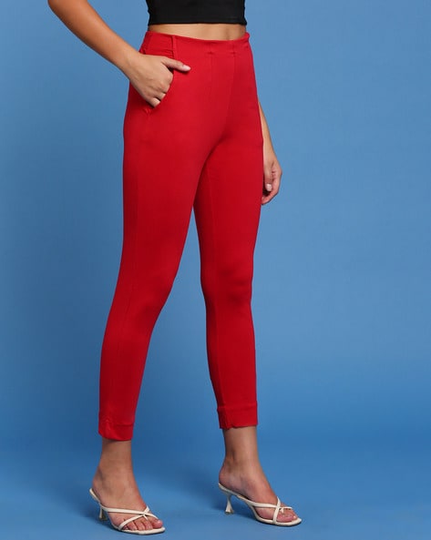Red High Rise Cigarette Fit Pants