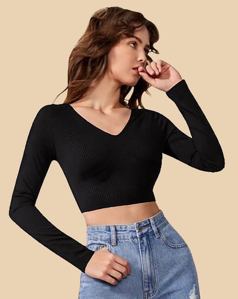 DREAM BEAUTY FASHION Ribbed V-Neck Top with Full Sleeves