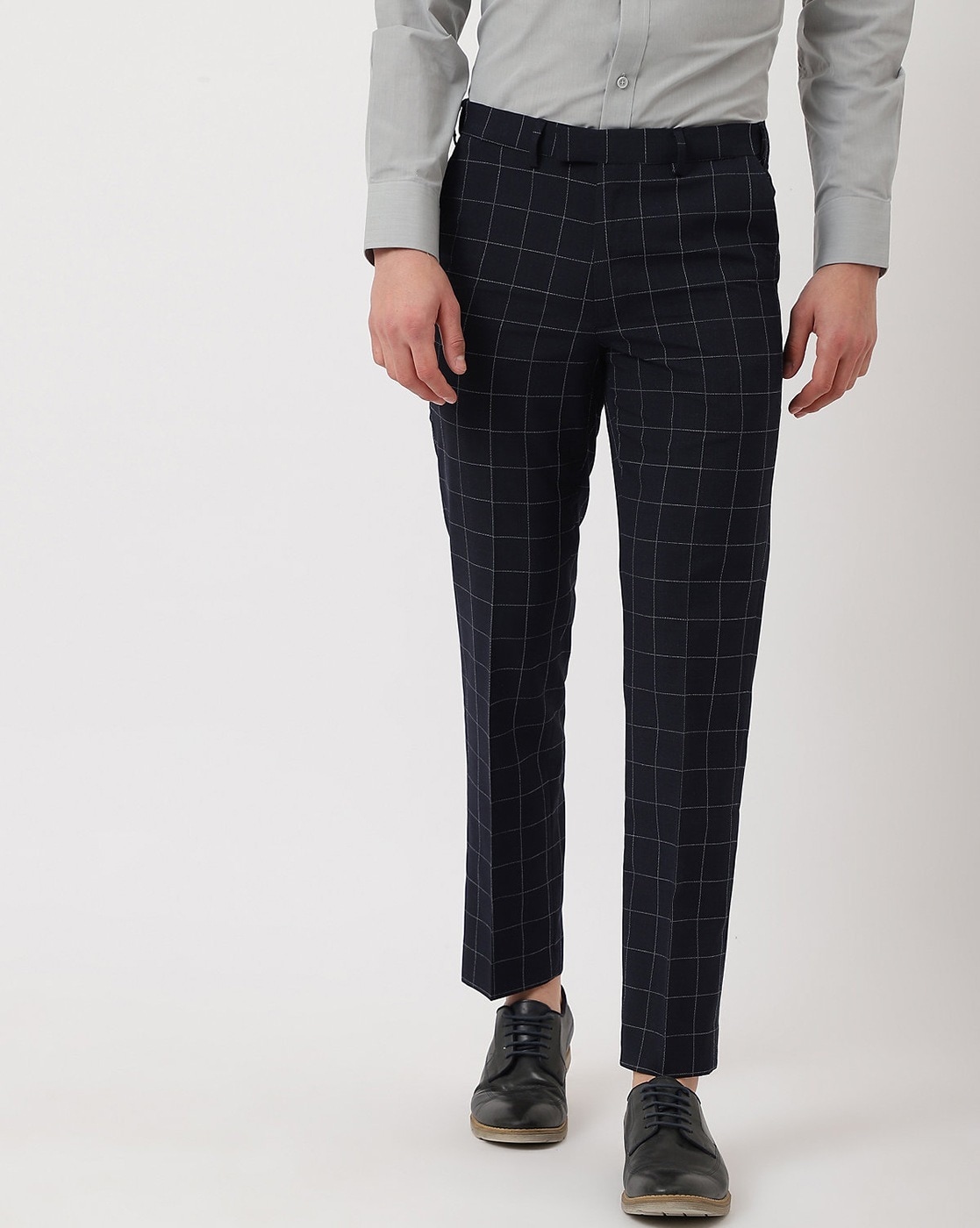 Buy Men Navy Check Slim Fit Trousers Online - 475779 | Peter England