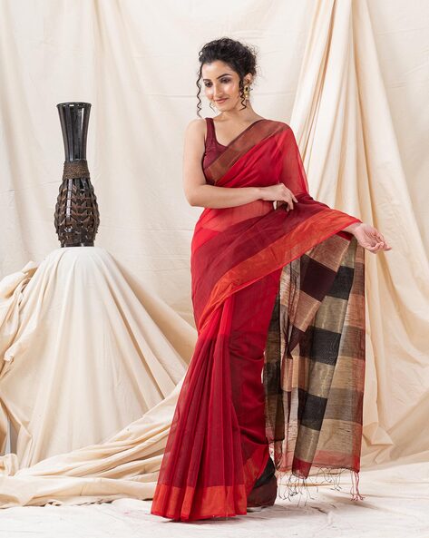 Red Pure Katan Silk Banarasi Handloom Saree – Himagauri Sarees