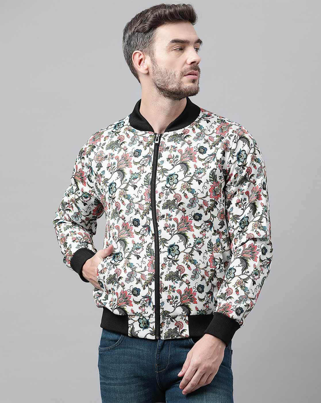 Floral Print Band Collar Bomber Jacket