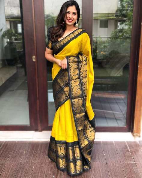 BESTSELLER South Indian Methi Yellow Soft Silk Saree With Peacock Jari  Border and Black Blouse Indian Wedding Saree, Saree for Women USA - Etsy