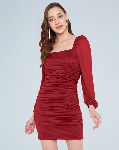 Ruched red cheap bodycon dress