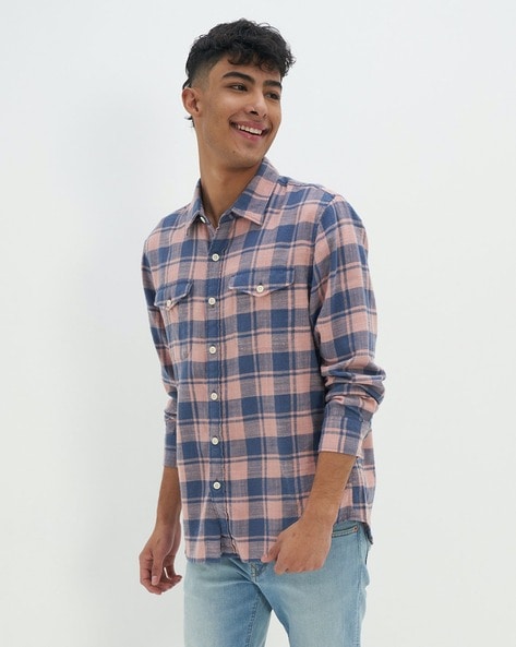 Buy American Eagle Outfitters Blue Cotton Regular Fit Checks