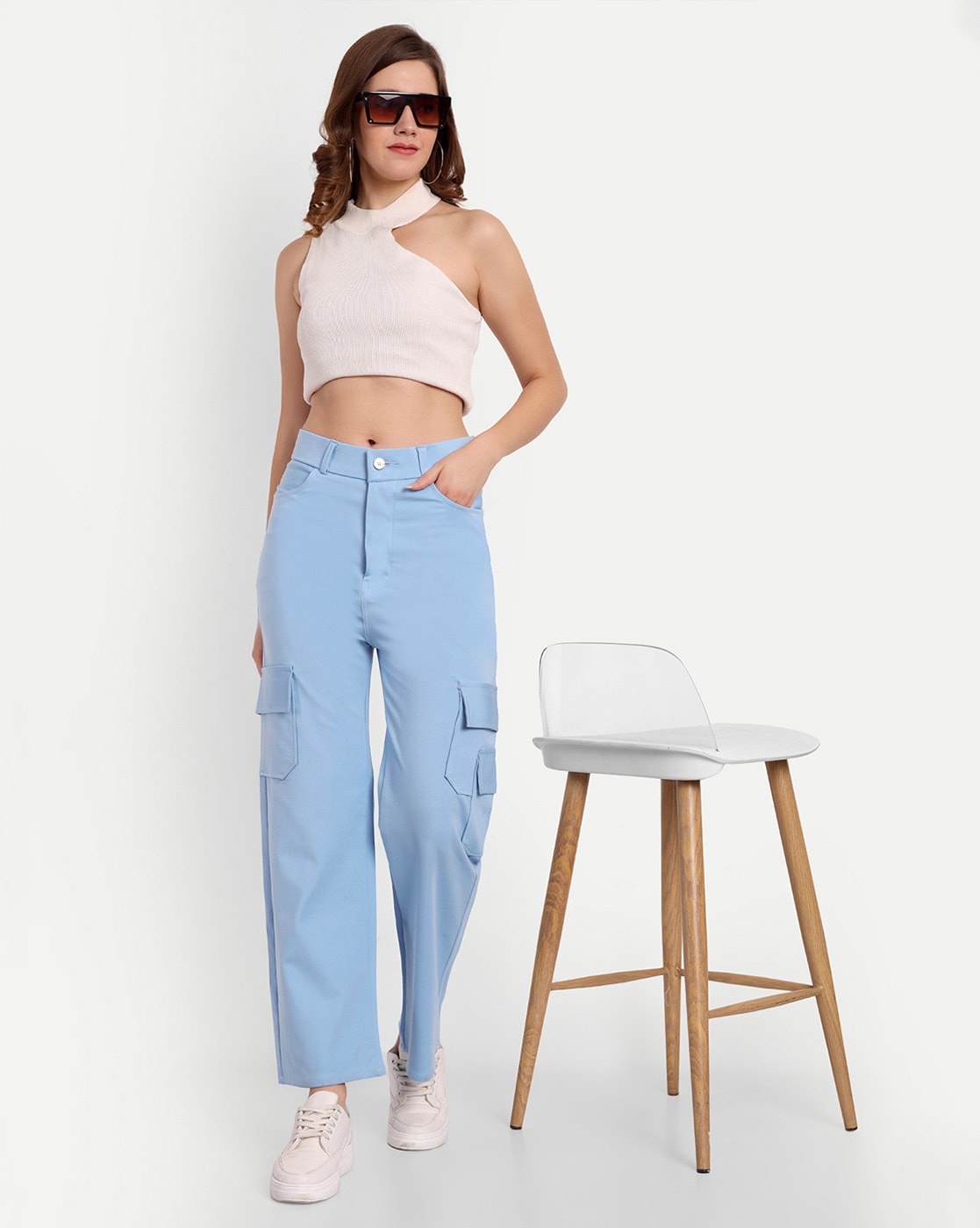 Buy ALLEN SOLLY Light Blue Textured Regular Fit Polyester Womens Formal  Wear Trousers | Shoppers Stop