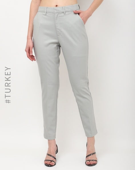 Pull&Bear high waist tailored straight leg trousers with front seam in light  grey | ASOS