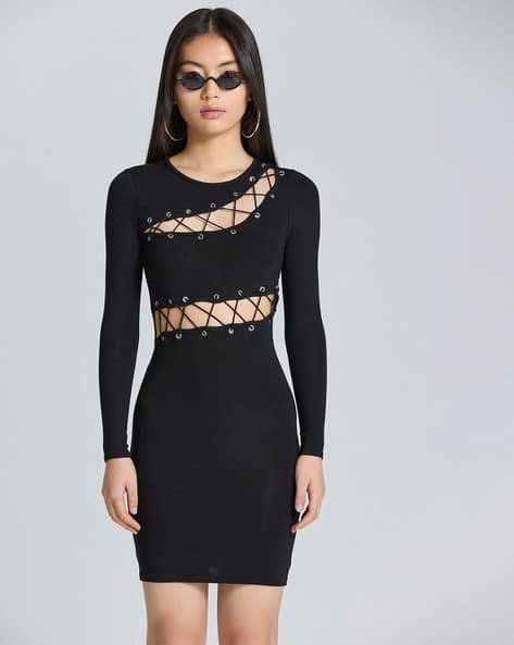 SAM Round-Neck Lace-Up Bodycon Dress