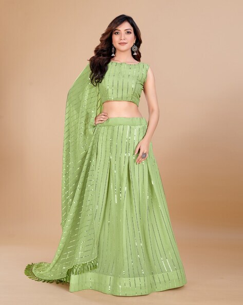 Lime Green Net Sequins, Zarkan and thread embroidery Semi-St