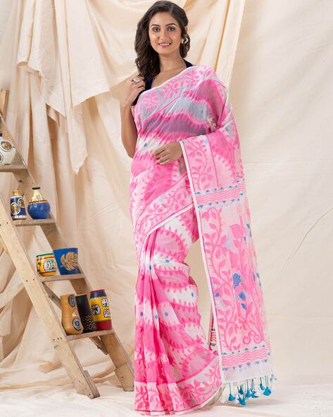 WHITE SOFT DHAKAI/JAMDANI SAREE - BIGSAREES SOFT DHAKAI/JAMDANI SAREE -  PURPLISH MAROON