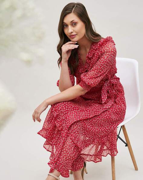 Red Floral Print Kimono Maxi Dress | PrettyLittleThing USA