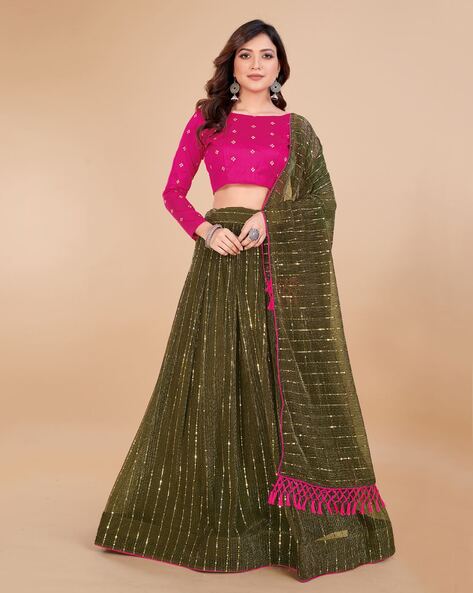 Olive Green Velvet Semi Stitched Lehenga With Unstitched Blo