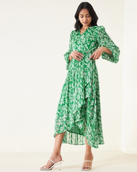 Zara White and Green Flower Print Satin Low Back V Neck Strappy Dress –  Josh And Nicol