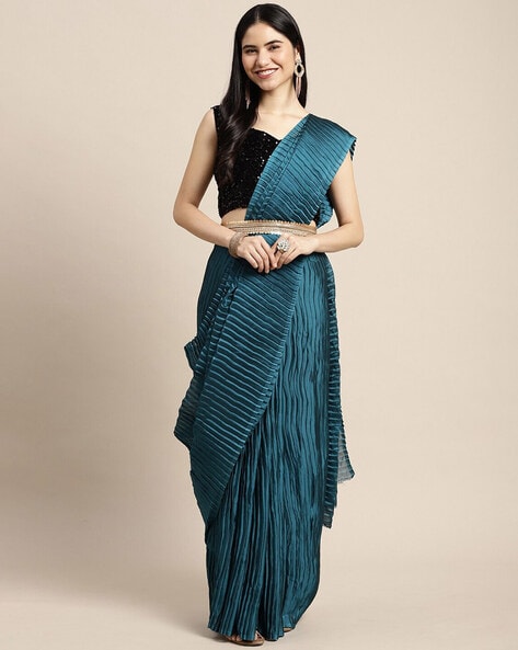 Women Blue & Black Colourblocked Embellished Saree – Inddus.com