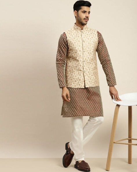 Off White,Brown Colour Mens Kurta Pajama Jacket in Jacquard,Banarasi Silk  Fabric.