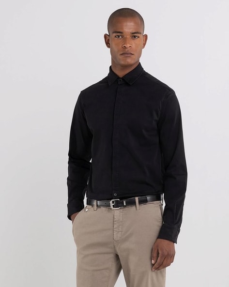 Buy Online|Spykar Men Black Cotton Regular Slim Fit Full Sleeve Denim Shirt