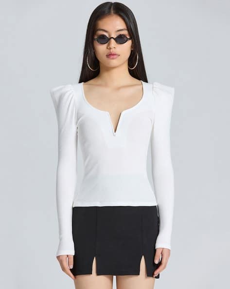 SAM Puff-Sleeve Top with Notched Neckline