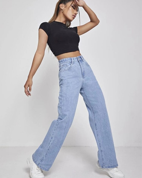 Emman Jeans - High Waisted Cotton Wide Leg Denim Jeans in Sunday Blue